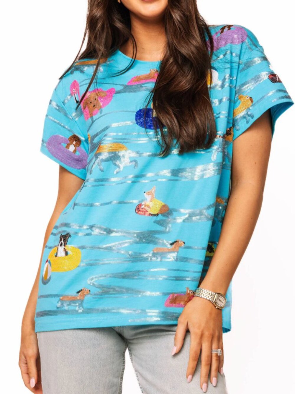 QUEEN OF SPARKLES Turquoise Dog Float Graphic Short Sleeve Tee